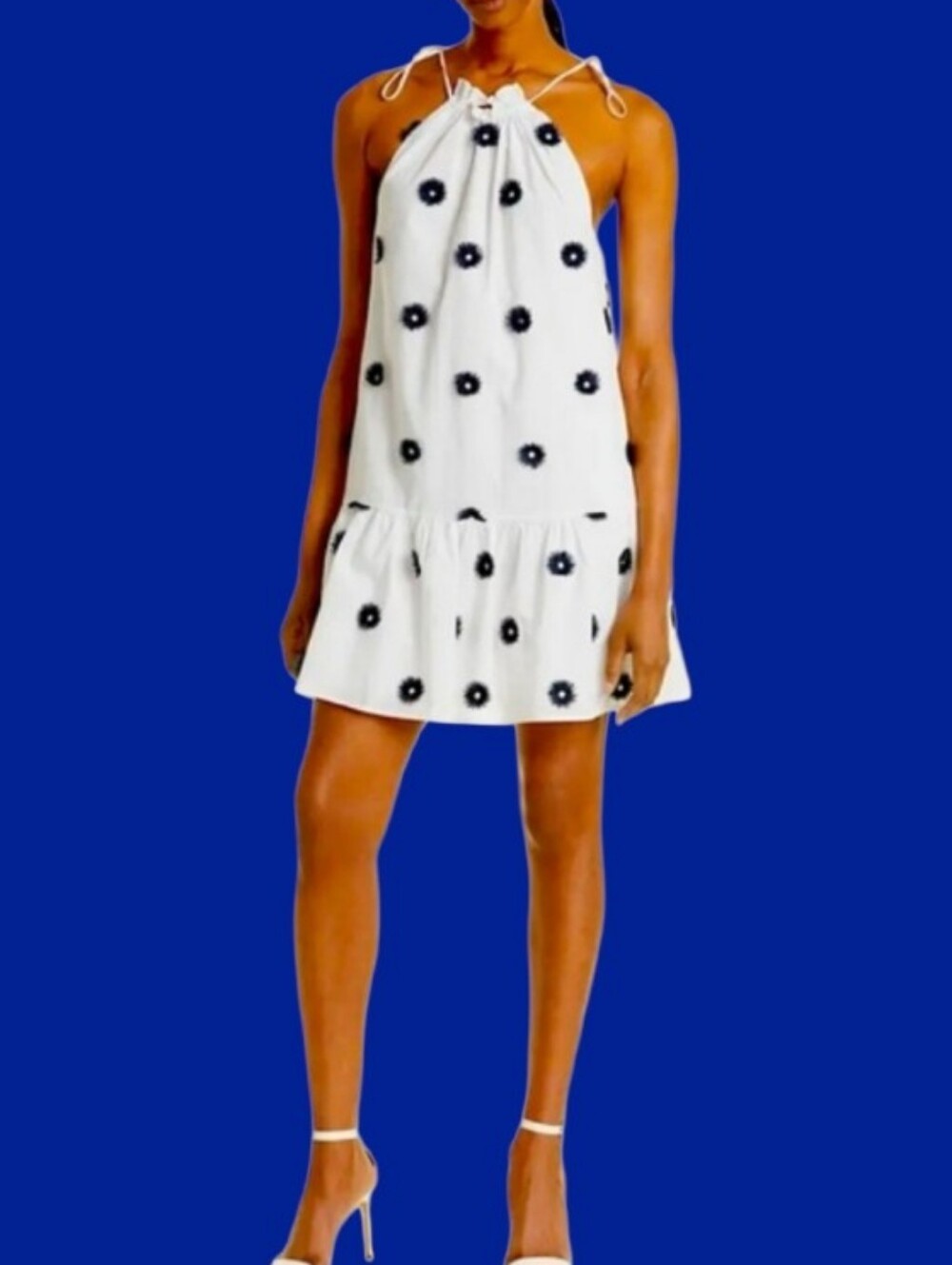MILLY Flora Tufted Embroidered Cotton Halter Mini Dress White Navy Blue Size 4